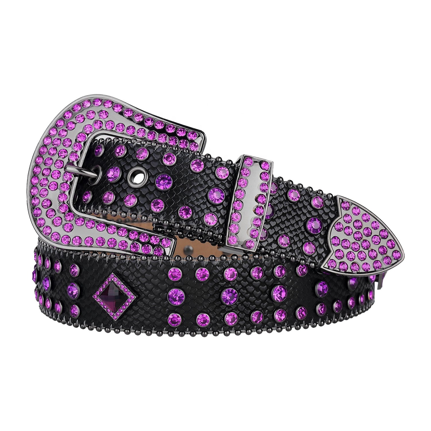 Purple Crystal Rhinestone Western Belt with Snakeskin Texture