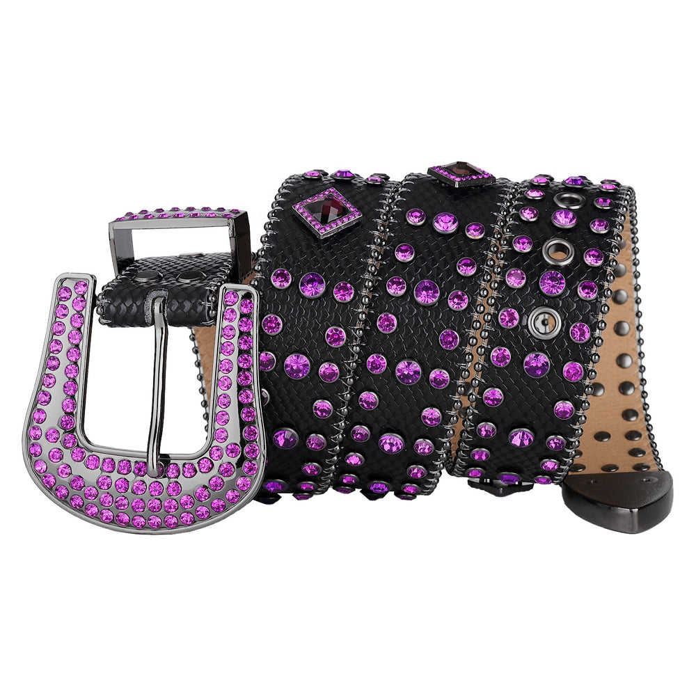 Purple Crystal Rhinestone Western Belt with Snakeskin Texture
