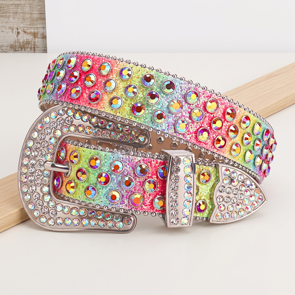 Rainbow Crystal Rhinestone Western Belt with Vintage Silver Buckle