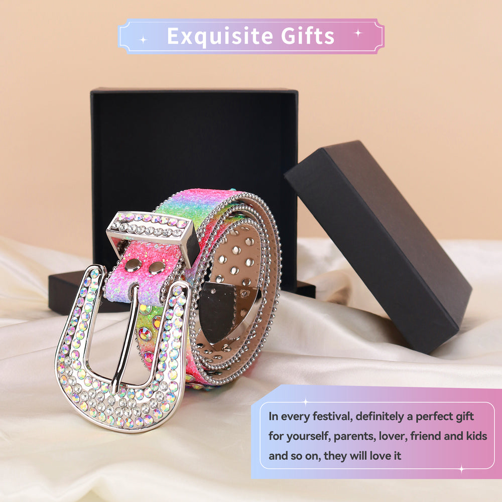 Rainbow Crystal Rhinestone Western Belt with Vintage Silver Buckle