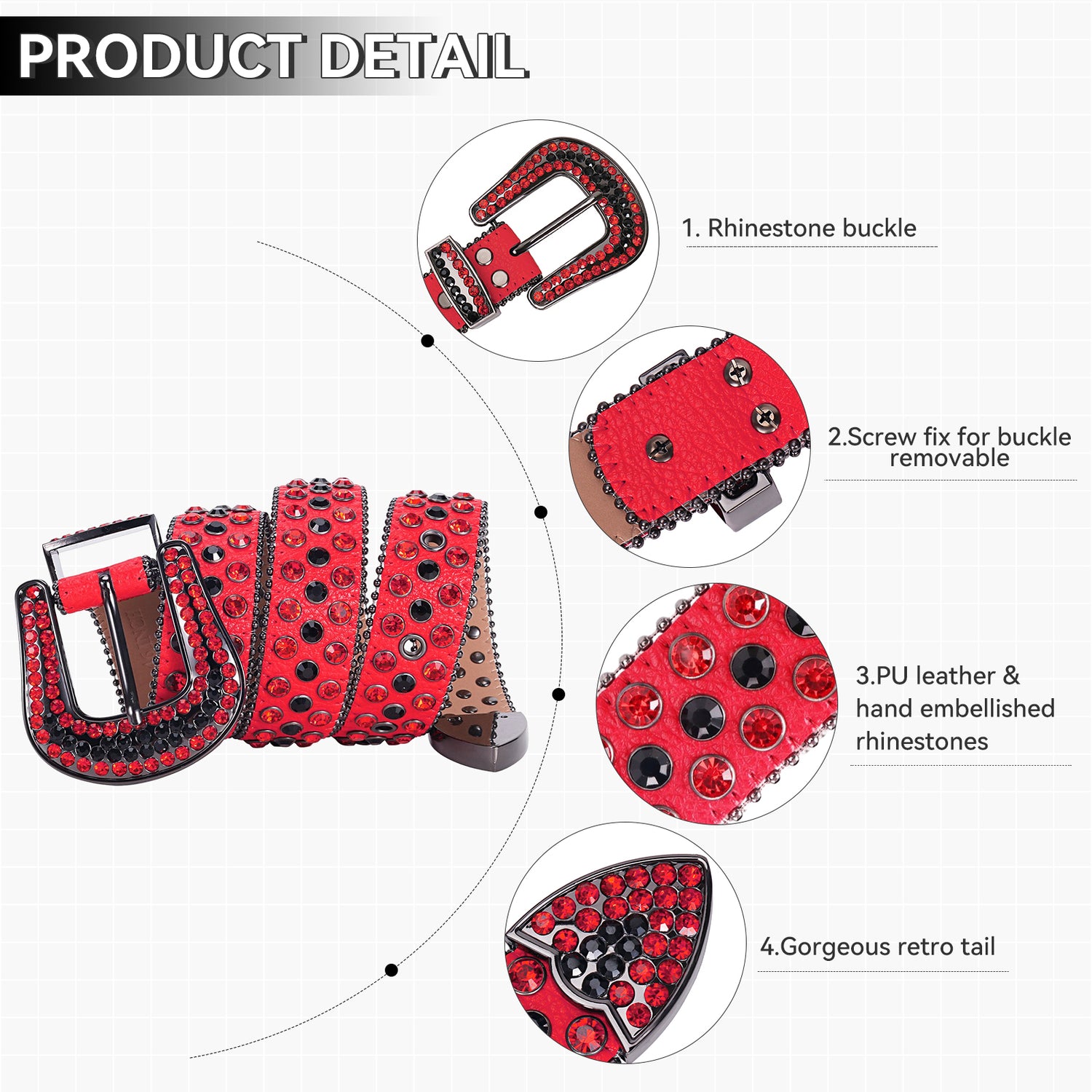 Red & Black Crystal Rhinestone Western Belt with Studded Buckle