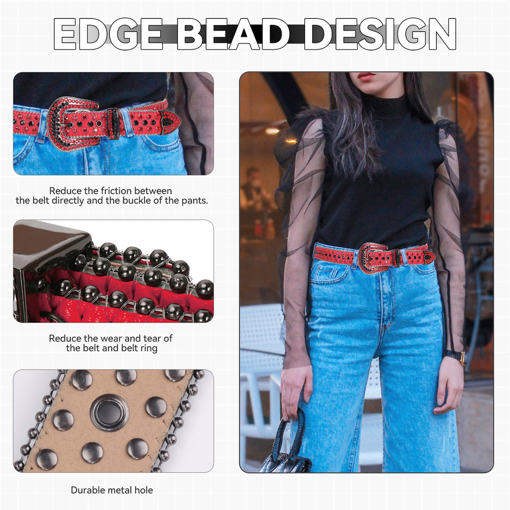 Red & Black Crystal Rhinestone Western Belt with Studded Buckle