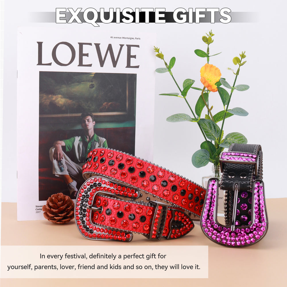 Red & Black Crystal Rhinestone Western Belt with Studded Buckle