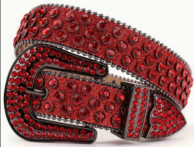 Red Crystal Rhinestone Western Belt with Gunmetal Buckle