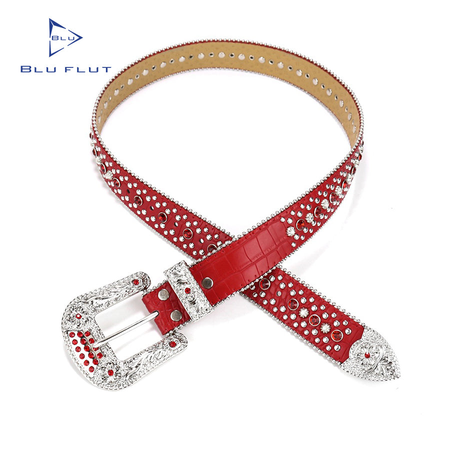 Red Crystal Rhinestone Western Belt with Engraved Silver Buckle