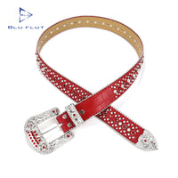 Red Crystal Rhinestone Western Belt with Engraved Silver Buckle