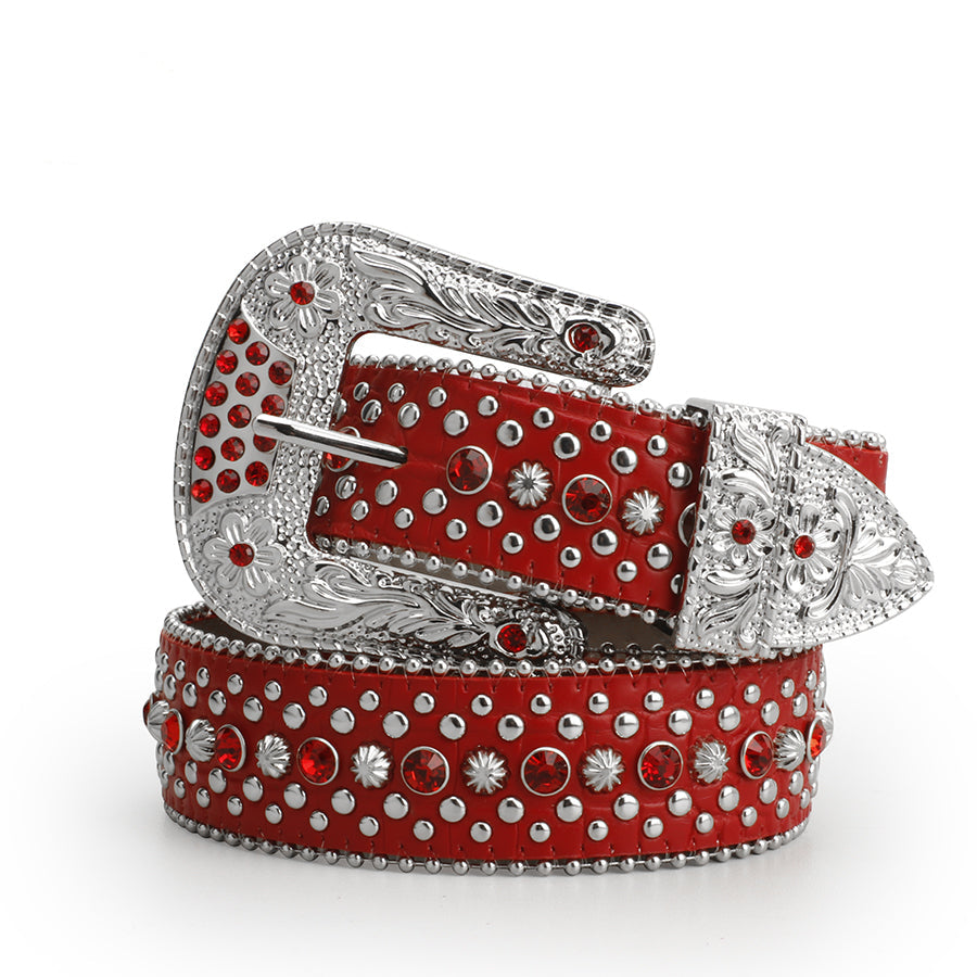 Red Crystal Rhinestone Western Belt with Engraved Silver Buckle