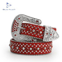 Red Crystal Rhinestone Western Belt with Engraved Silver Buckle