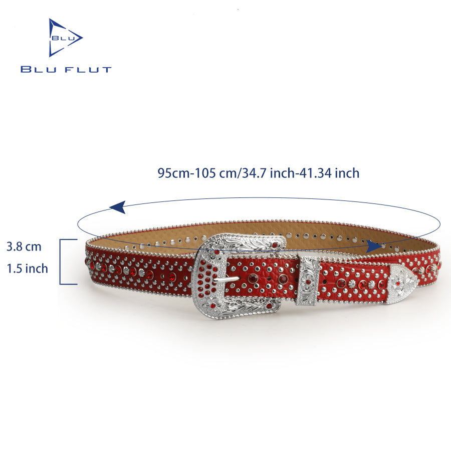 Red Crystal Rhinestone Western Belt with Engraved Silver Buckle