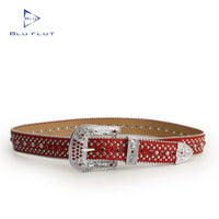 Red Crystal Rhinestone Western Belt with Engraved Silver Buckle