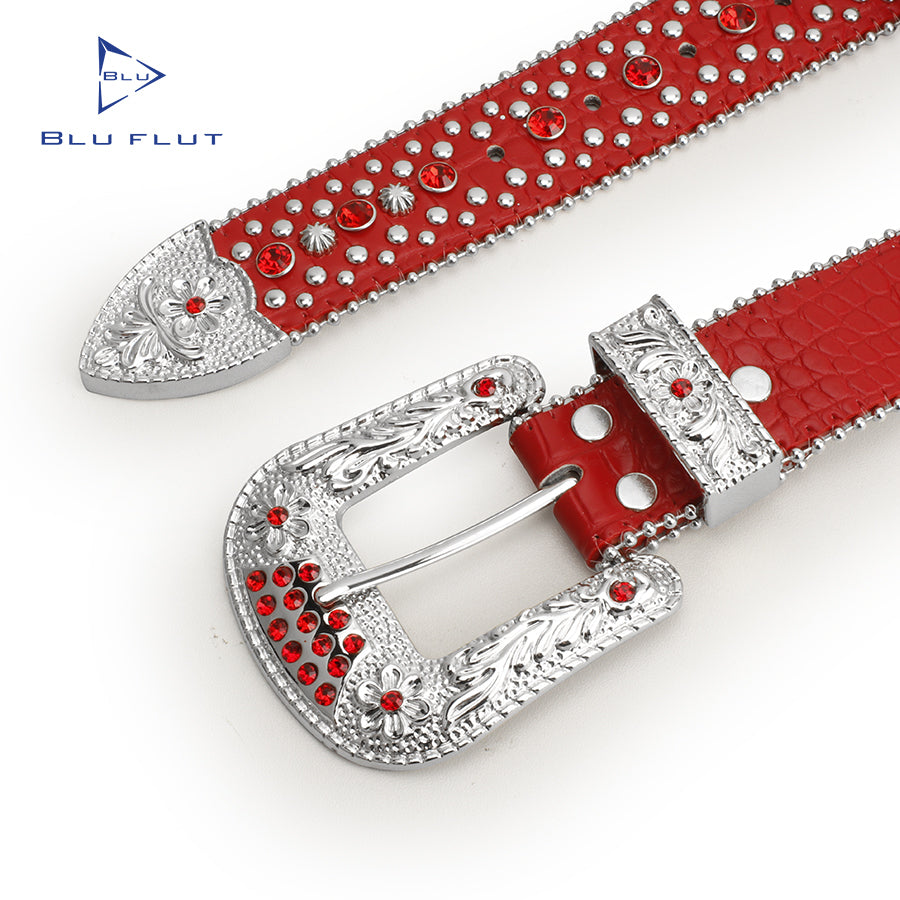Red Crystal Rhinestone Western Belt with Engraved Silver Buckle