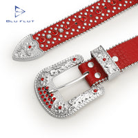 Red Crystal Rhinestone Western Belt with Engraved Silver Buckle