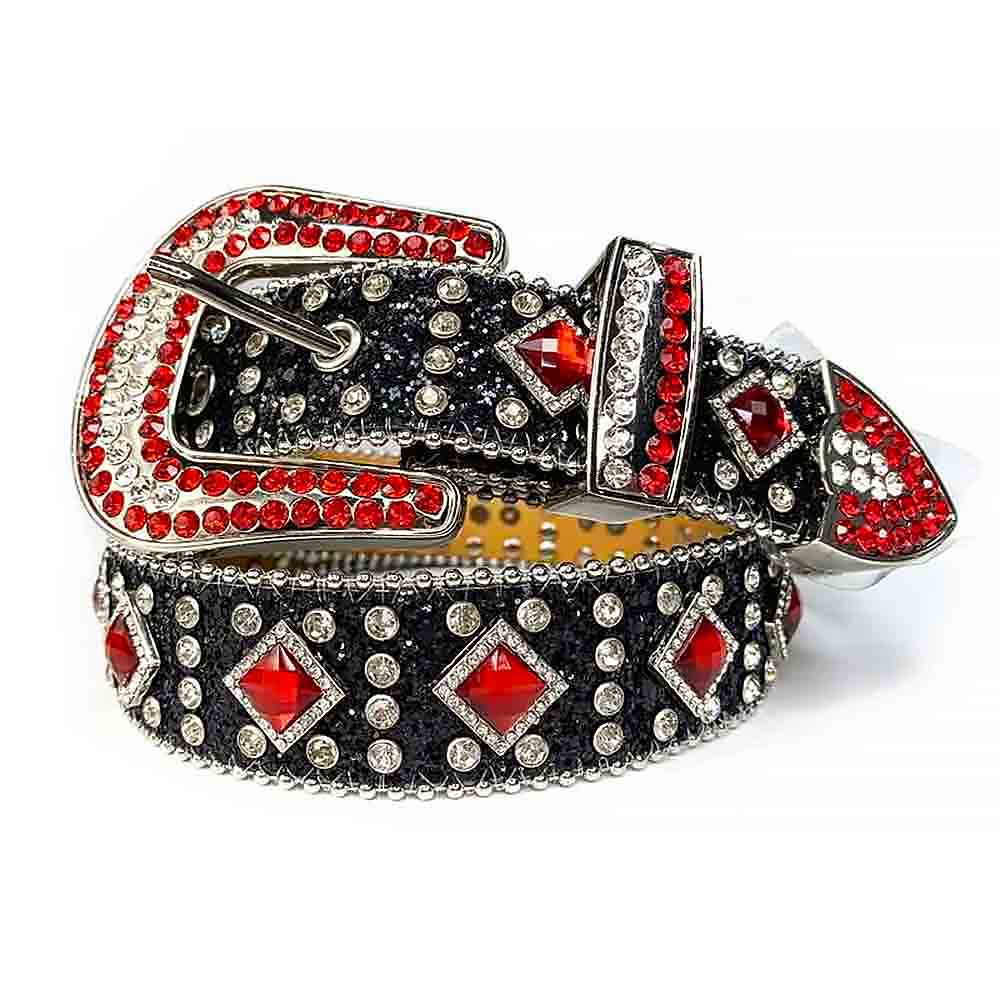 Black Strap With Big Red & Transparent Embellished Rhinestone Belt