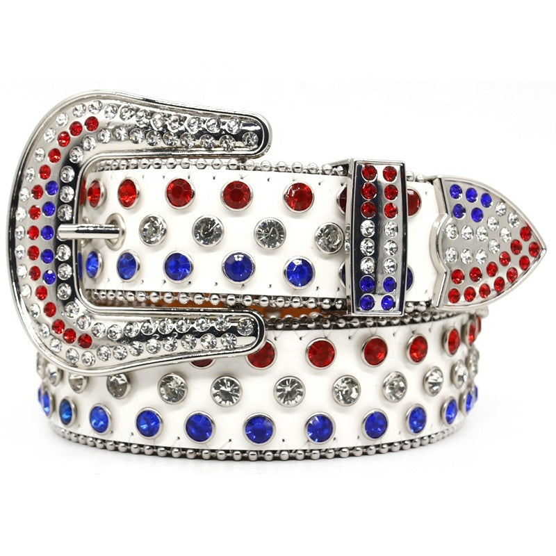Red White & Blue Crystal Rhinestone Western Belt with Silver Buckle