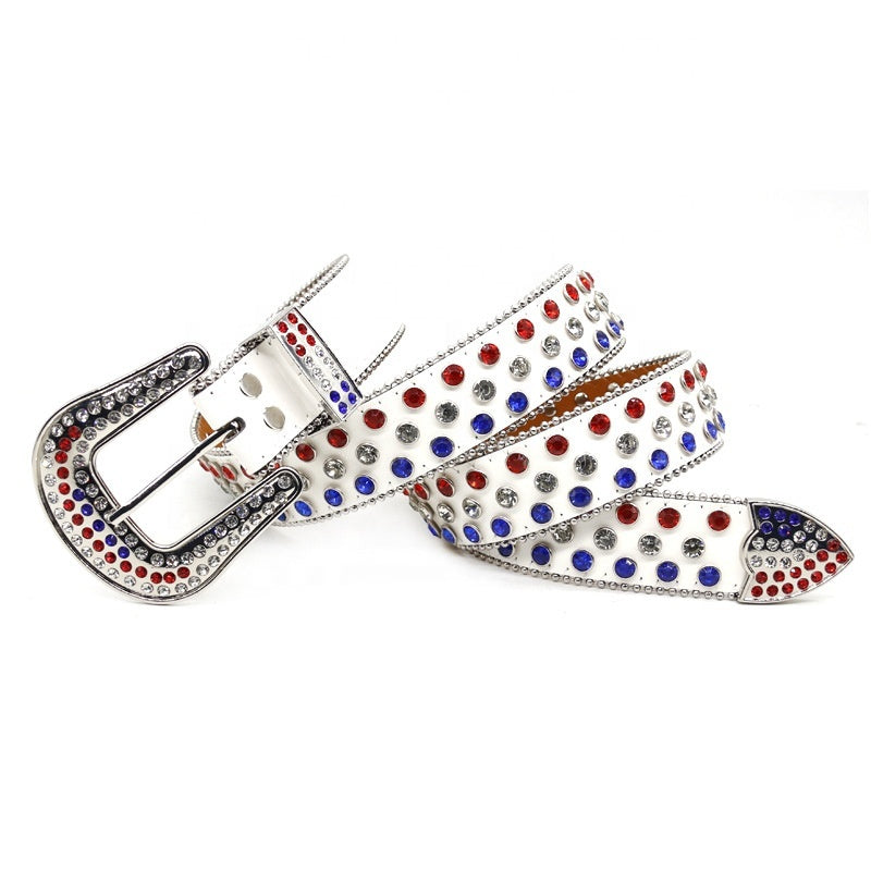 Red White & Blue Crystal Rhinestone Western Belt with Silver Buckle
