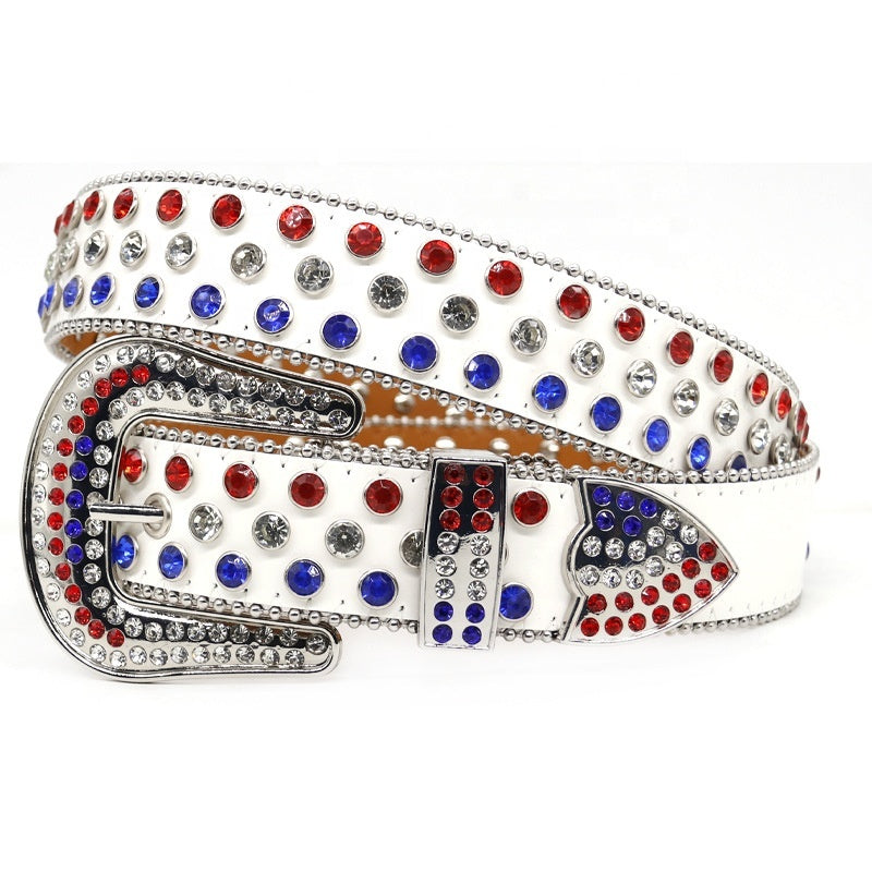 Red White & Blue Crystal Rhinestone Western Belt with Silver Buckle