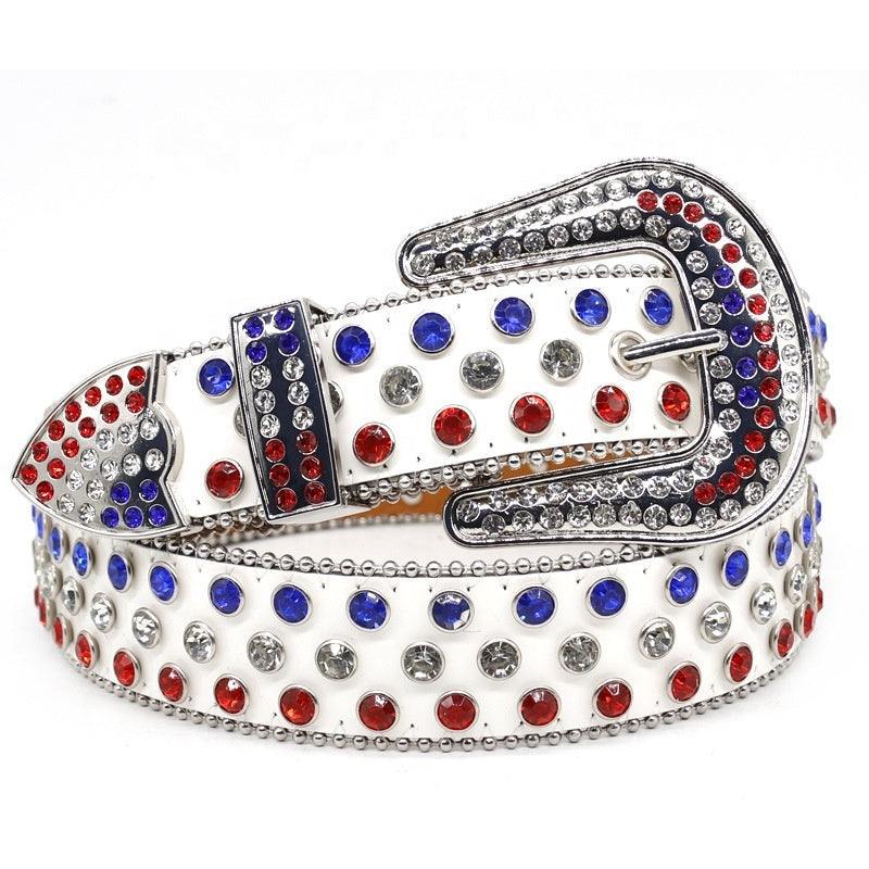 Red White & Blue Crystal Rhinestone Western Belt with Silver Buckle