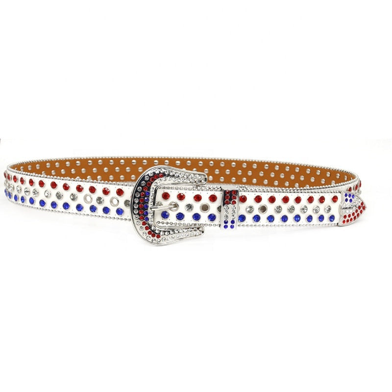 Red White & Blue Crystal Rhinestone Western Belt with Silver Buckle
