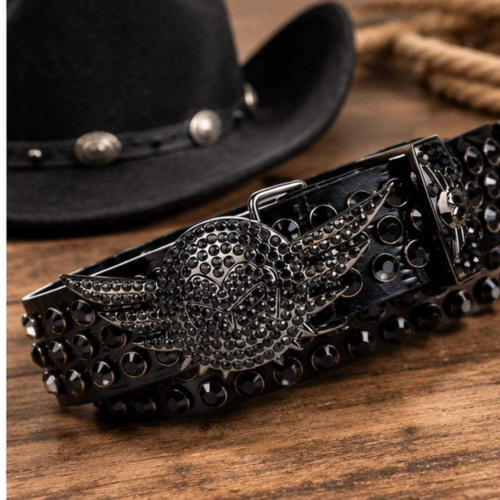 All Black Crystal Rhinestone Western Belt with Wing Buckle - front view
