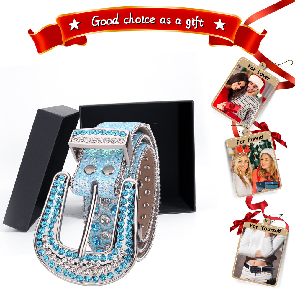 Turquoise Blue Crystal Rhinestone Western Belt with Silver Buckle