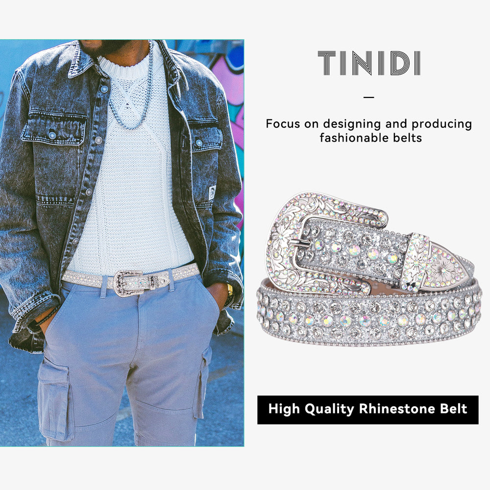 White Crystal Rhinestone Western Belt with Silver Buckle