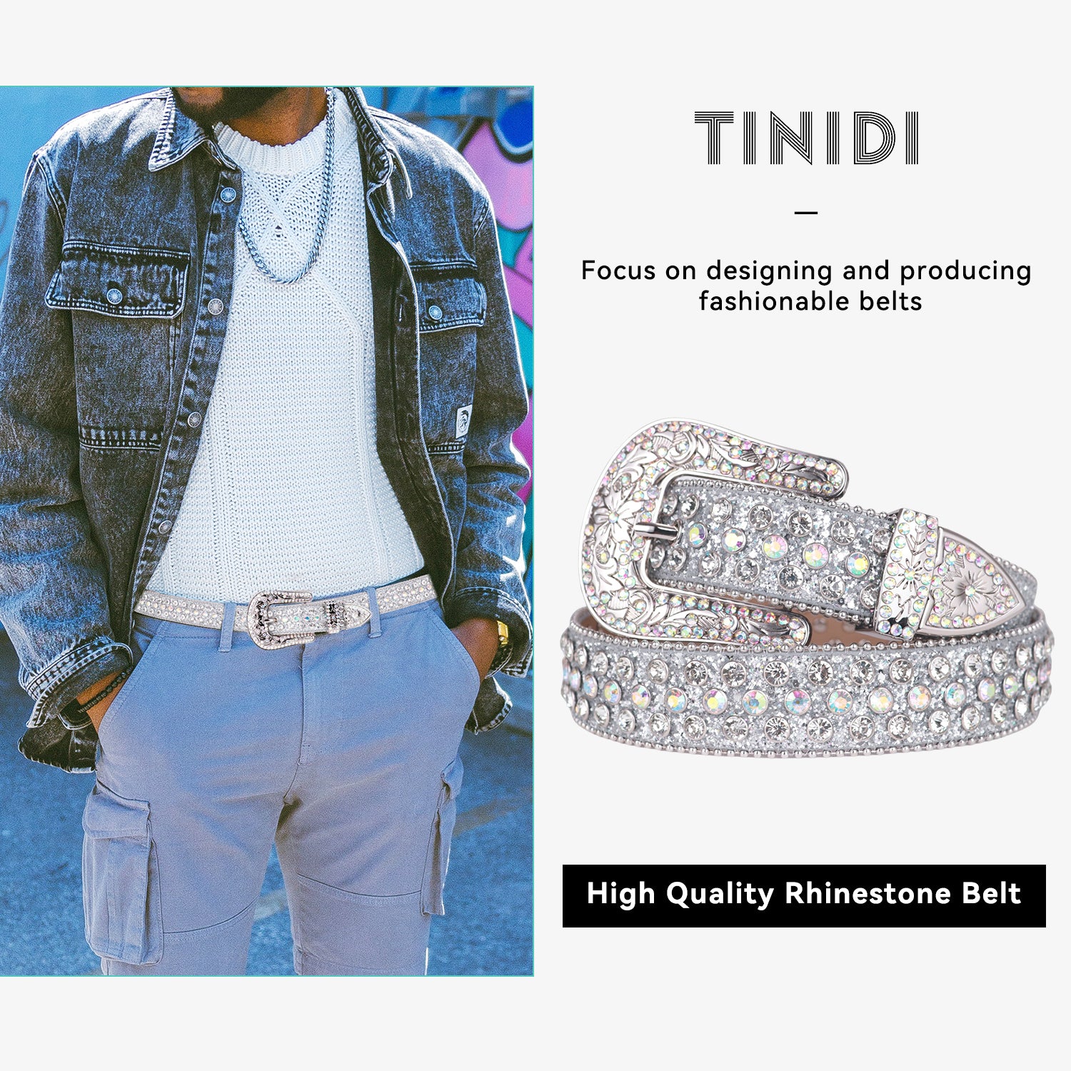 White Crystal Rhinestone Western Belt with Silver Buckle