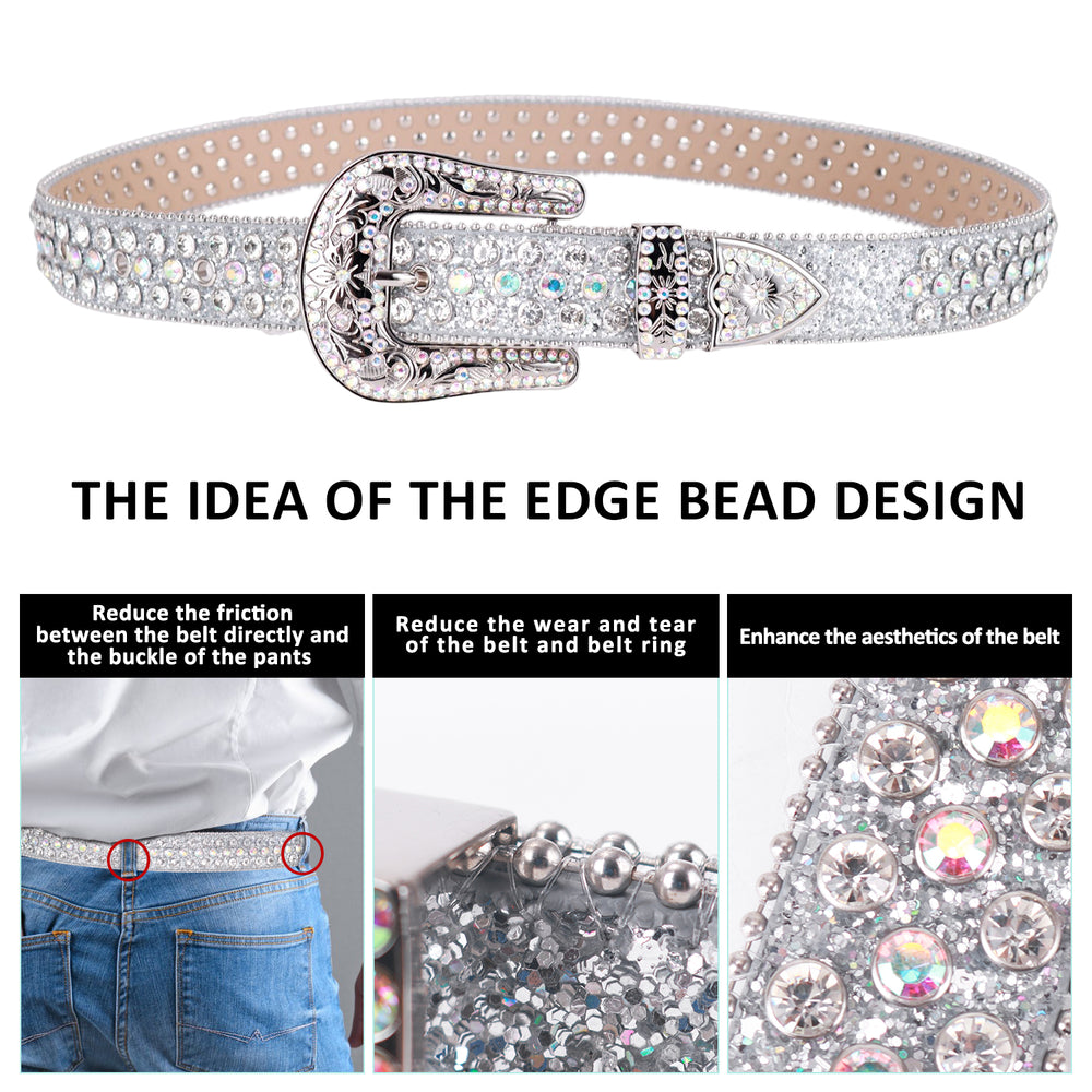 White Crystal Rhinestone Western Belt with Silver Buckle