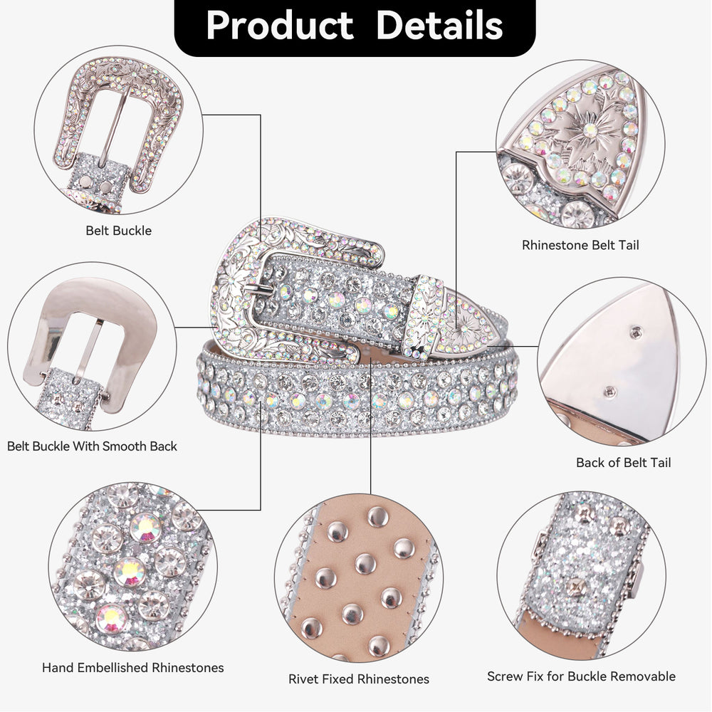 White Crystal Rhinestone Western Belt with Silver Buckle