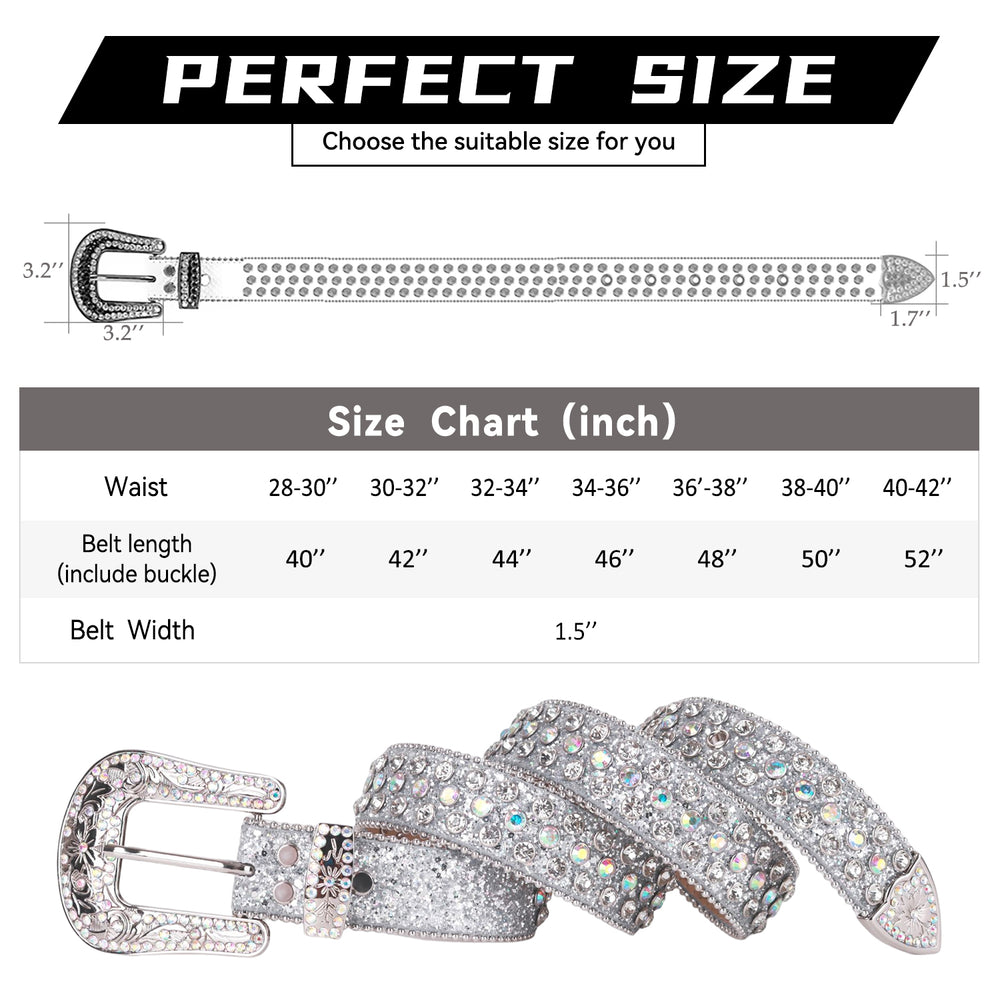 White Crystal Rhinestone Western Belt with Silver Buckle