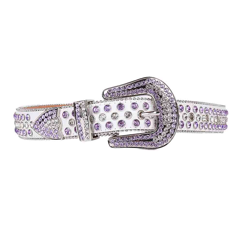 Crystal-Studded White belt and White & Purple Crystal Diamonds with Silver Buckle Embellished with white and Purple Faceted Crystal Diamonds Rhinestones