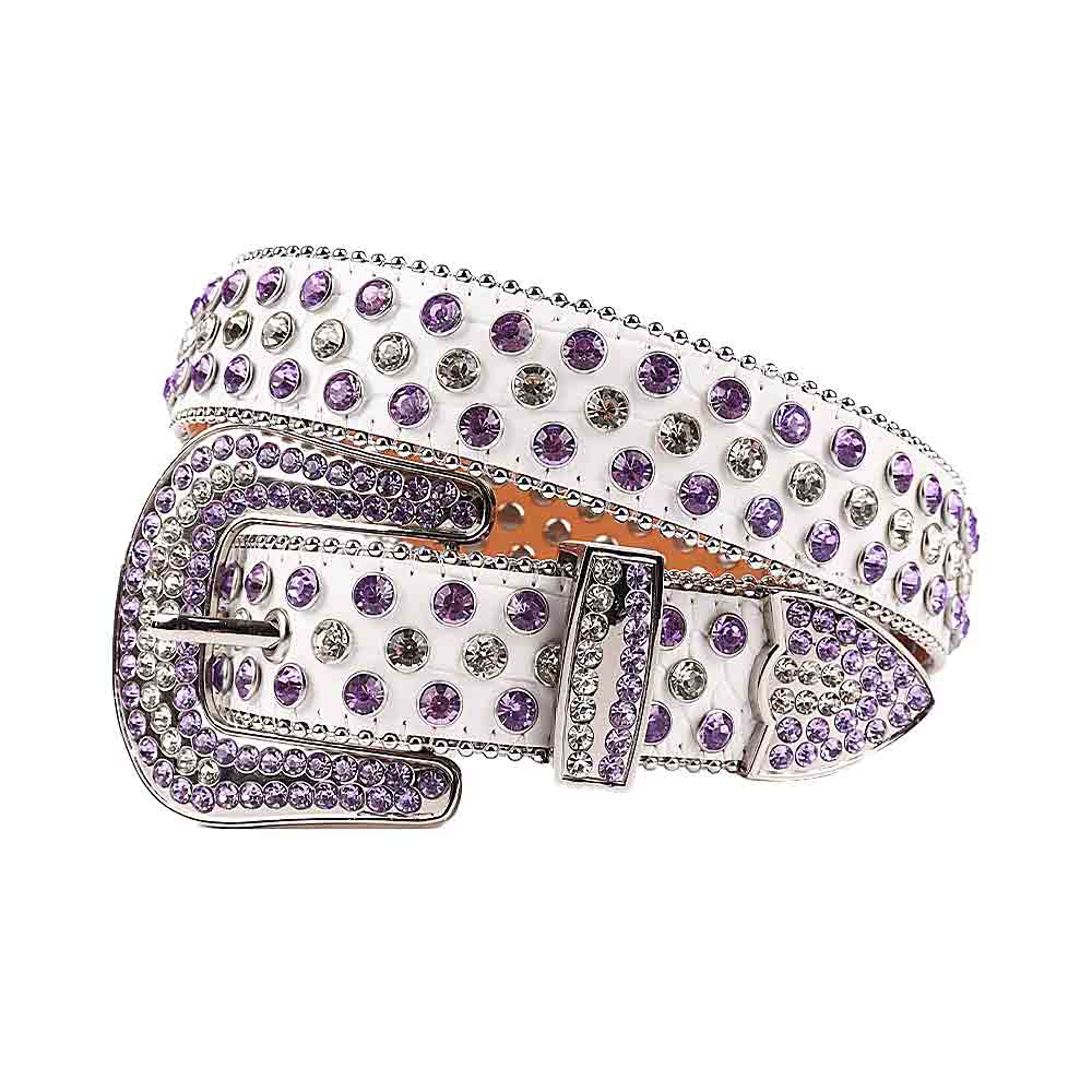 Crystal-Studded White belt and White & Purple Crystal Diamonds with Silver Buckle Embellished with white and Purple Faceted Crystal Diamonds Rhinestones