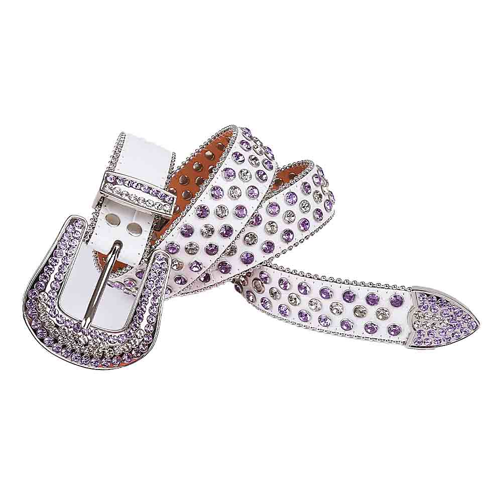 Crystal-Studded White belt and White & Purple Crystal Diamonds with Silver Buckle Embellished with white and Purple Faceted Crystal Diamonds Rhinestones