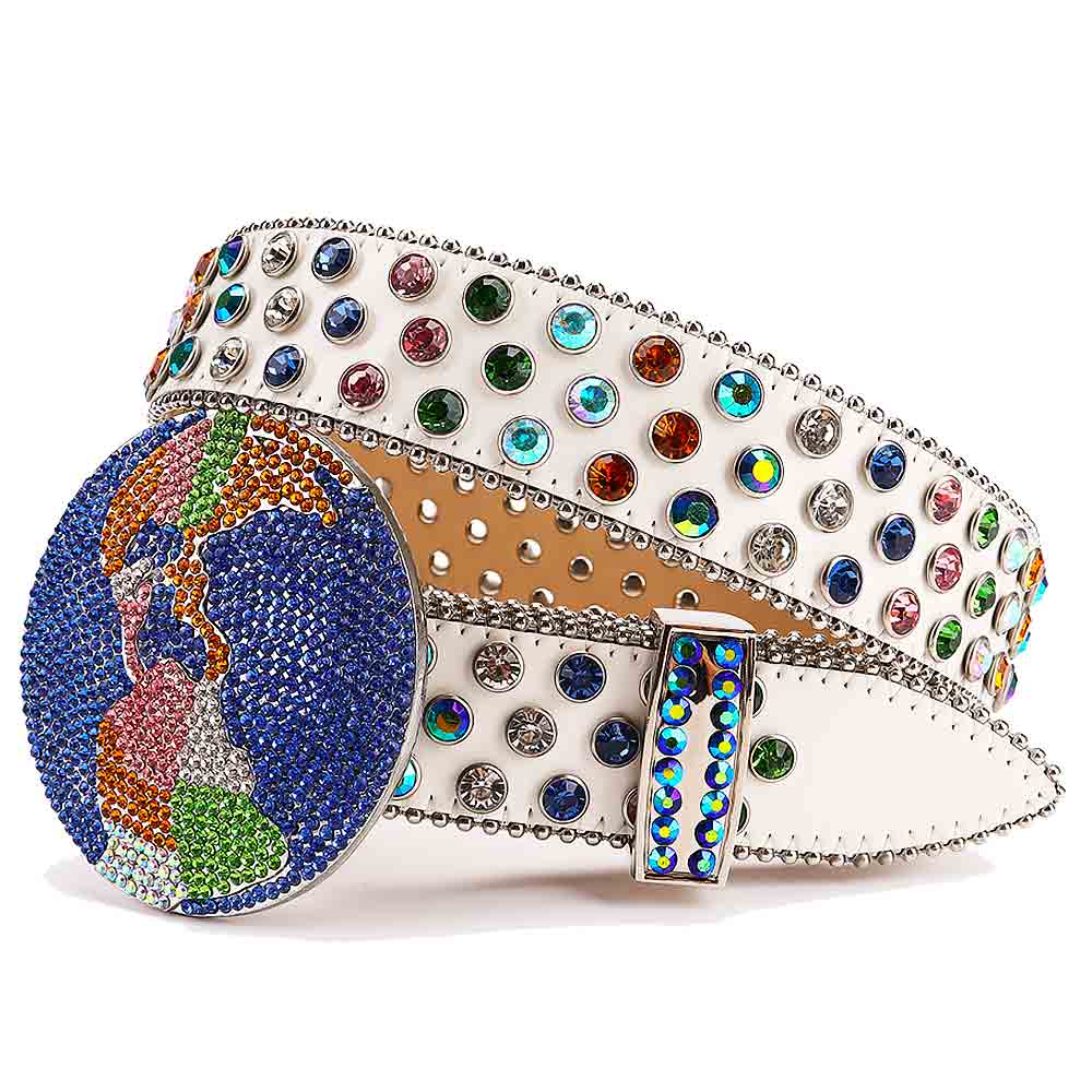 Globe Metal Buckle White Rhinestones Diamond Leather Waist Belt Earth World