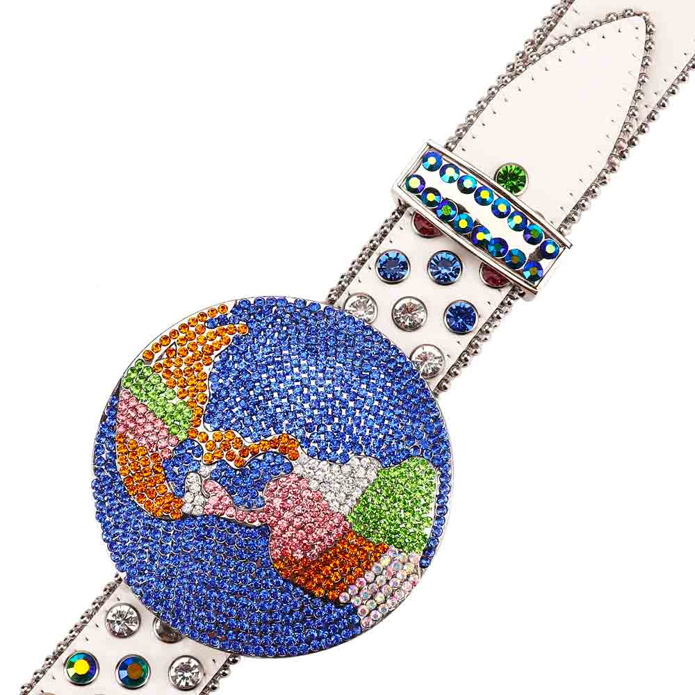 Globe Metal Buckle White Rhinestones Diamond Leather Waist Belt Earth World