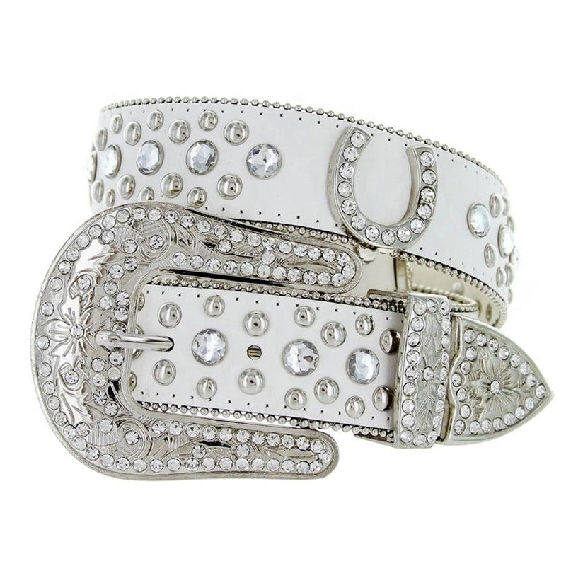 White Crystal Rhinestone Western Belt with Horseshoe Buckle