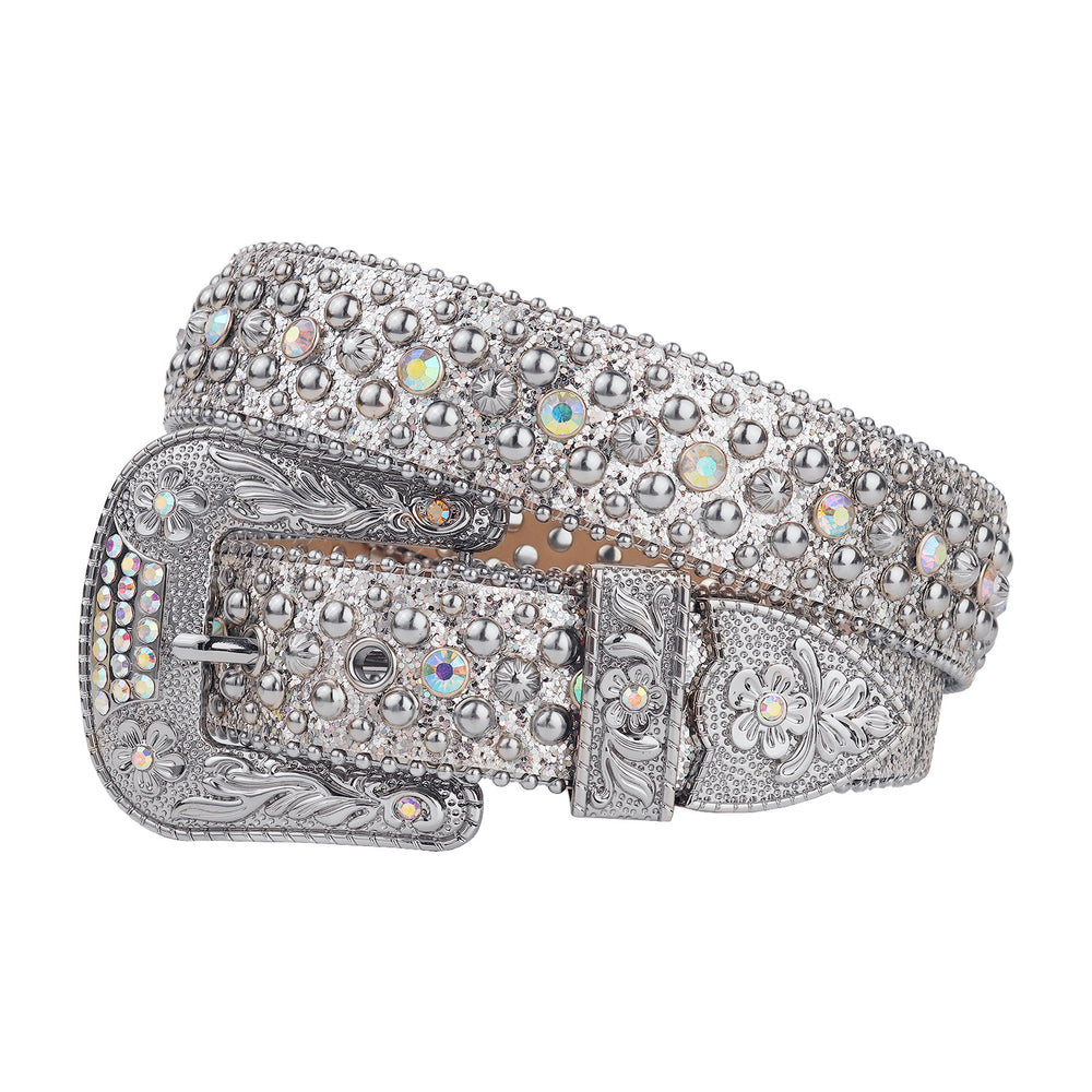White Iridescent Crystal Rhinestone Western Belt with Floral Buckle