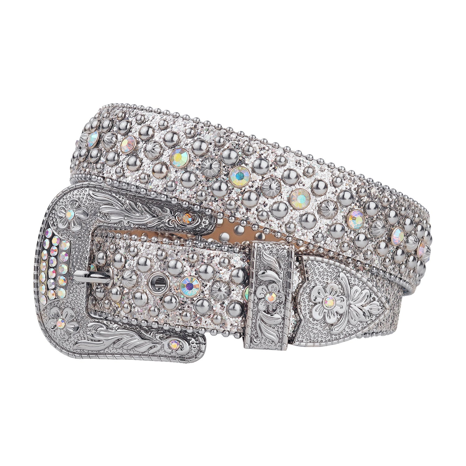 White Iridescent Crystal Rhinestone Western Belt with Floral Buckle