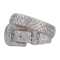 White Iridescent Crystal Rhinestone Western Belt with Floral Buckle