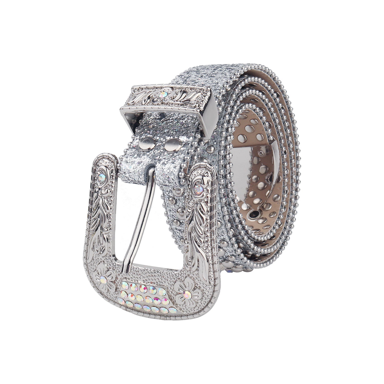 White Iridescent Crystal Rhinestone Western Belt with Floral Buckle