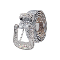 White Iridescent Crystal Rhinestone Western Belt with Floral Buckle