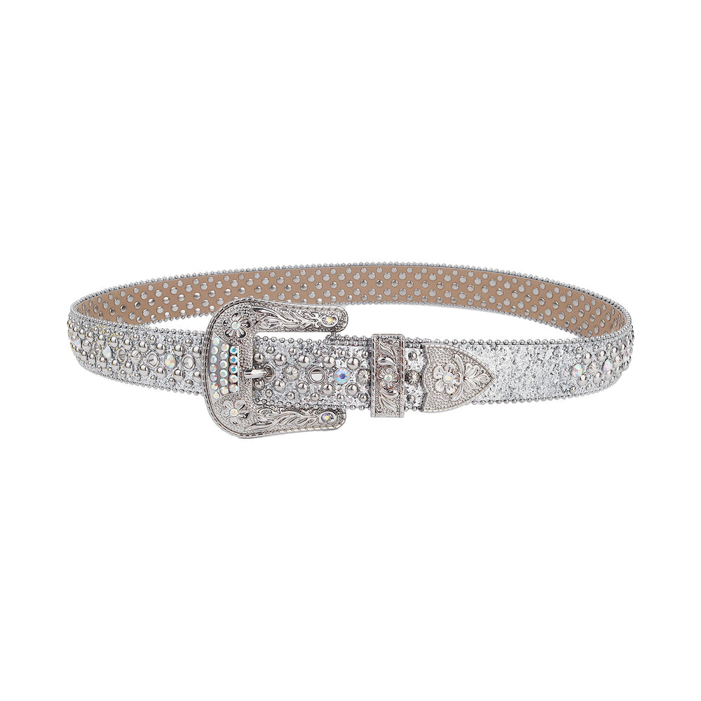 White Iridescent Crystal Rhinestone Western Belt with Floral Buckle