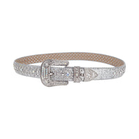 White Iridescent Crystal Rhinestone Western Belt with Floral Buckle